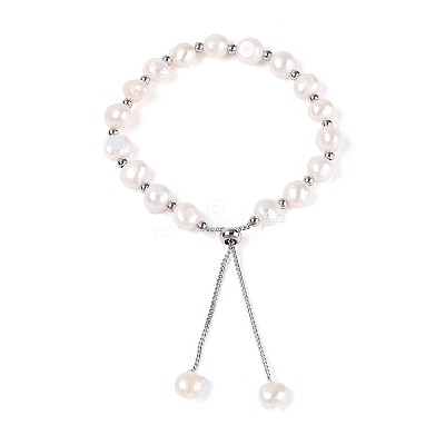 Adjustable Natural Pearl with Brass Chain Slider Bracelets for Women Girl BJEW-T022-16A-1