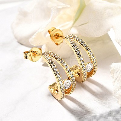 C-Shaped Brass Micro Pave Clear Cubic Zirconia Stud Earrings EJEW-C126-08G-1