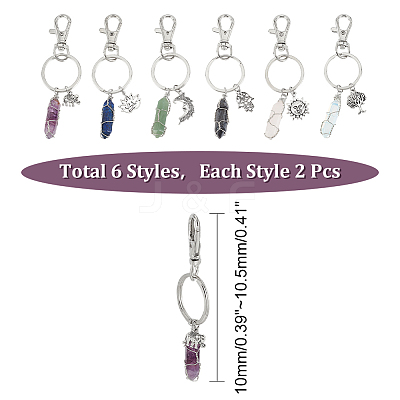 12Pcs 6 Style Natural & Synthetic Gemstone Copper Wire Wrapped Keychains KEYC-NB0001-31-1