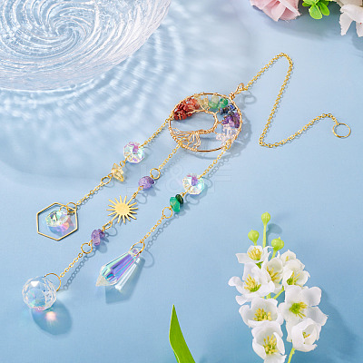 1Pc Wire Wrapped Alloy & Natural Mixed Stone Tree of Life Hanging Suncatchers HJEW-TA0001-46C-1