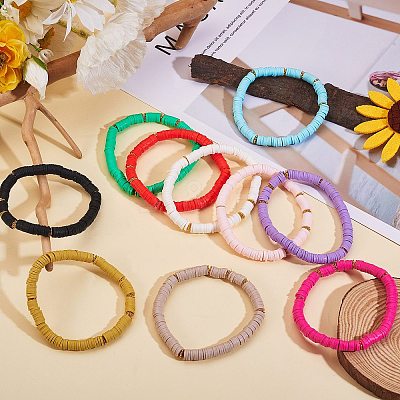 10Pcs 10 Colors Polymer Clay Heishi Beaded Stretch Bracelets BJEW-PH01445-1