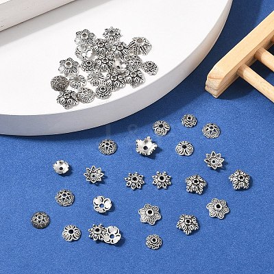 400Pcs 7 Style Tibetan Style Alloy Bead Caps TIBE-YW0001-80-1