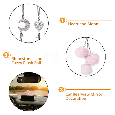 2Pcs 2 Style Rhinestones Heart and Fuzzy Plush Ball Car Hanging Pendant HJEW-DC0001-07-1