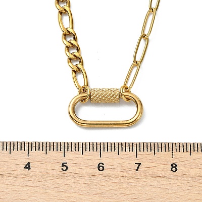 304 Stainless Steel Oval Lock Clasps Pendant Figaro Chain Necklaces for Women NJEW-JN06169-01-1