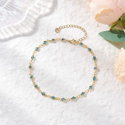 Handmade Evil Eye Lampwork Brass Link Chain Anklets for Women AJEW-AN00715-03-1