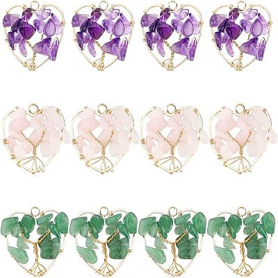 6Pcs 3 Styles Chakra Natural Gmestone Copper Wire Big Pendants FIND-FH0004-66-1