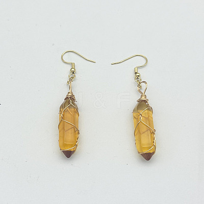 Tiger Eye Hexagon Handmade Copper Wire Wrapped Earrings Natural Stone Column Earrings ND6138-14-1