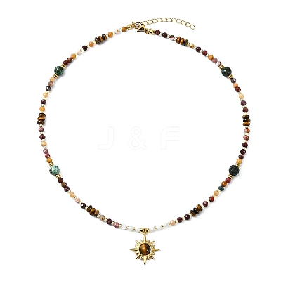 304 Stainless Steel Natural Tiger Eye Sun Pendant Round Natural African Turquoise(Jasper) & Faceted Mookaite & Shell Beaded Necklaces for Women NJEW-JN06091-1