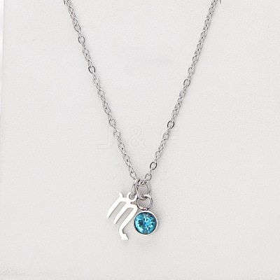 304 Stainless Steel Aquamarine Rhinestone Birth Stone Constellation Pendant Necklaces FS-WG76580-24-1