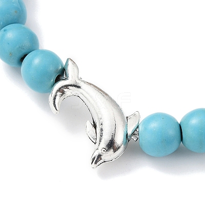Tibetan Style Alloy Dolphin & Synthetic Turquoise Round Beaded Stretch Bracelet BJEW-JB09895-02-1