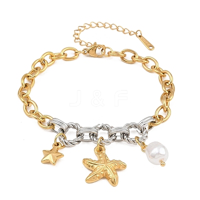 Duo Tone Ocean 304 Stainless Steel Sea Animals Charm Bracelets with Imitaiton Pearl for Women SA-CBA717A-06G-01-1