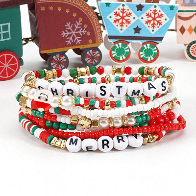9Pcs Christmas Acrylic & Polymer Clay & Glass Beads Stretch Bracelets QX4351-7-1