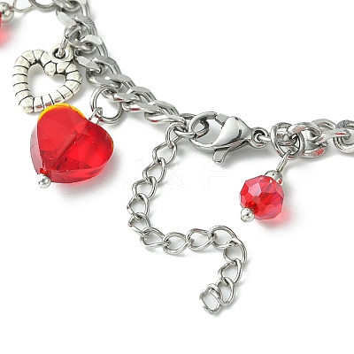 Tibetan Style Alloy & Glass Heart Charm Bracelet with 304 Stainless Steel Curb Chains for Valentine's Day BJEW-TA00311-1