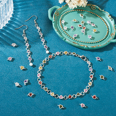 28Pcs 7 Colors Brass Pave Cubic Zirconia Heart Links Connector Charms KK-TA0003-47-1