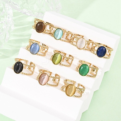 304 Stainless Steel with Glass Cat Eye Cuff Rings for Women RJEW-K309-40C-1