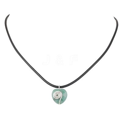 Opalite & Natural Green Aventurine & Tiger Eye & Blue Spot Jasper & Rose Quartz Copper Wire Wrapped Faceted Heart Pendant Black PU Leather Cord Necklaces NJEW-JN05837-1