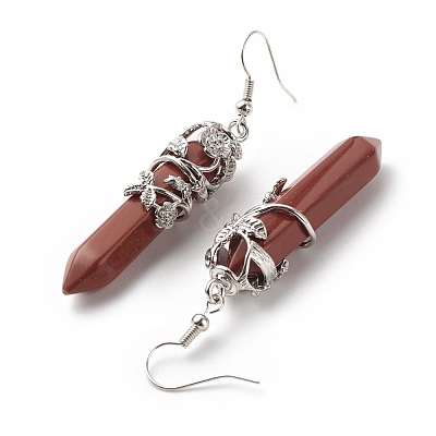 Natural Red Jasper Bullet with Flower Dangle Earrings EJEW-G300-02P-10-1