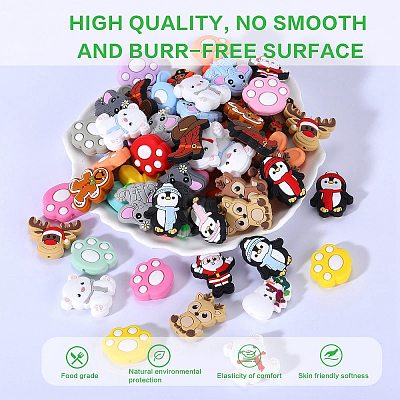 12Pcs 4 Colors Christmas Themed Food Grade Eco-Friendly Silicone Focal Beads SIL-SZ0001-15-1