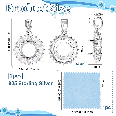 2Pcs 925 Sterling Silver Micro Pave Clear Cubic Zirconia Pendant Settings STER-PH0005-06-1