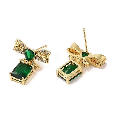 Rack Plating Real 18K Gold Plated Brass Bowknot with Rectangle Dangle Stud Earrings EJEW-B034-10G-1