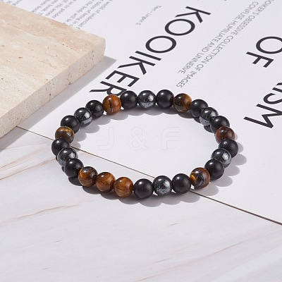 Natural Wood & Tiger Eye & Synthetic Hematite Round Beaded Stretch Bracelet BJEW-JB08150-1