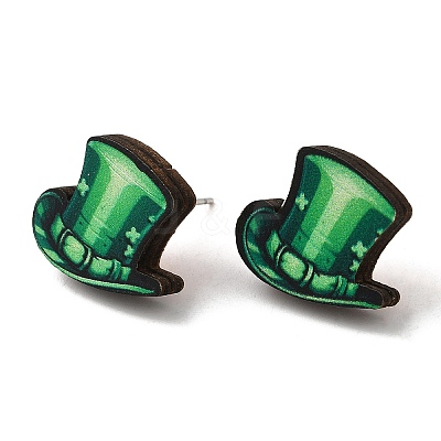 Saint Patrick's Day Green Wood Stud Earrings EJEW-D074-01D-1