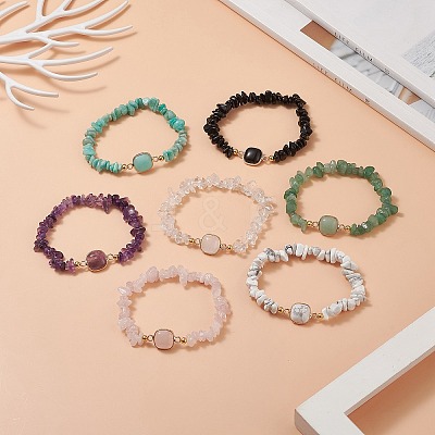 7Pcs 7 Style Natural & Synthetic Mixed Gemstone Square & Chips Beaded Stretch Bracelets Set for Women BJEW-JB09938-1