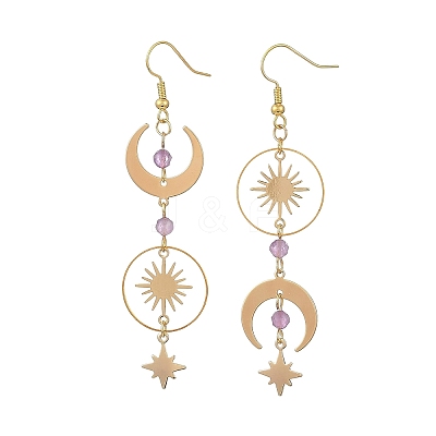 Brass & Natural Amethyst Dangle Earrings EJEW-TA00832-1