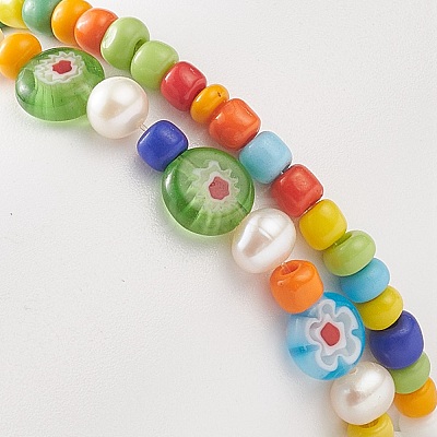 2Pcs 2 Style Natural Pearl & Lampwork Flower & Glass Seed Beaded Stretch Bracelets Set for Women BJEW-JB09101-1