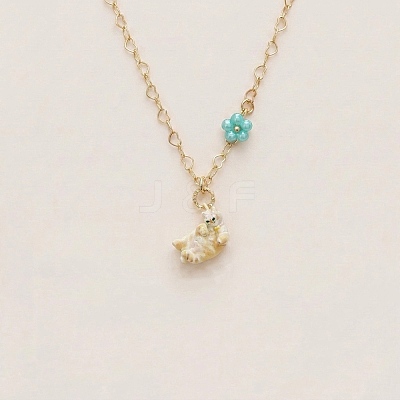 304 Stainless Steel Enamel Cute Cat Shape with Flower Pendant Necklaces for Women SA-CBA8F25-01B-1