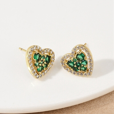 Heart Brass Micro Pave Cubic Zirconia Stud Earrings EJEW-M082-15G-1