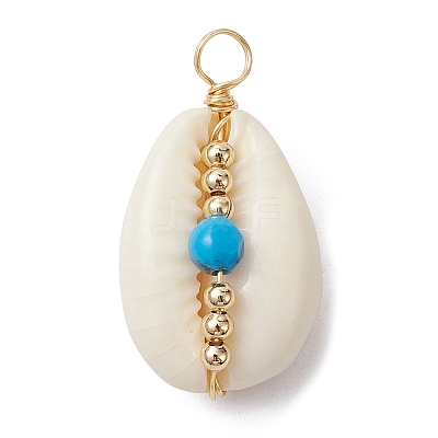 7Pcs Natural Cowrie Shell Copper Wire Wrapped Pendants PALLOY-JF02278-1