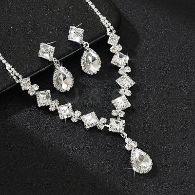 Teardrop & Rhombus Brass Rhinestone Pendant Necklaces & Stud Dangle Earrings Sets FS-WG09414-03-1