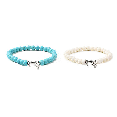 2Pcs 2 Color Tibetan Style Alloy Dolphin & Synthetic Turquoise Round Beaded Stretch Bracelets Set BJEW-JB09895-1
