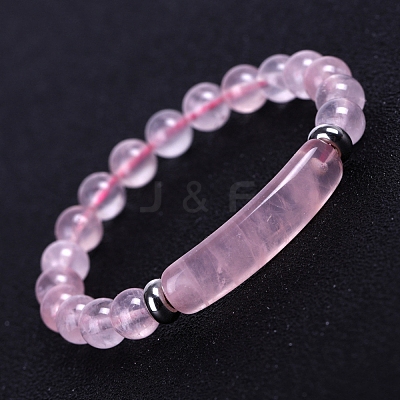 Natural Rose Quartz Curved Rectangle Beaded Stretch Bracelet PW-WG67660-01-1