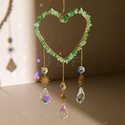 Heart Natural Green Aventurine Chips Hanging Ornaments HJEW-G024-01E-1