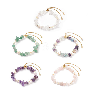 Natural Gemstone Chips & Pearl Beaded Slider Bracelet for Women BJEW-JB08334-1
