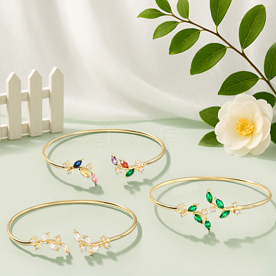 3Pcs 3 Colors Elegant Brass Cubic Zirconia Leaf Cuff Bangles for Women BJEW-GO0003-01G-1