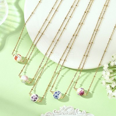 Handmade Flower Printed Porcelain Round Pendant 304 Stainless Steel Satellite Chain Necklaces for Women NJEW-JN06473-1