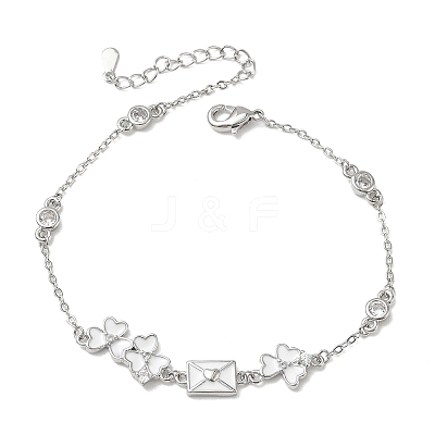 Brass Pave Clear Cubic Zirconia Clover Envelope Link Bracelets KK-CBA6980-18P-1