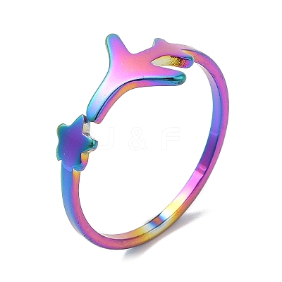 Ion Plating(IP) 304 Stainless Steel Star & Airplane Open Cuff Ring for Women RJEW-M149-12RC-1