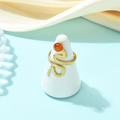 Natural Gemstone Snake 304 Stainless Steel Cuff Open Rings for Women RJEW-JR01068-1