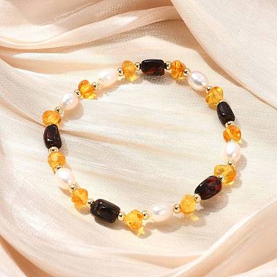 Natural Amber & Cultured Freshwater Pearl Beaded Stretch Bracelets for Women BJEW-JB13699-01-1