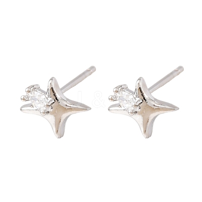 Brass Micro Pave Clear Cubic Zirconia Star Stud Earrings EJEW-L278-02P-1