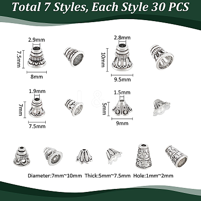 210Pcs 7 Styles Tibetan Style Alloy Bead Cap & Cone FIND-UN0015-64-1