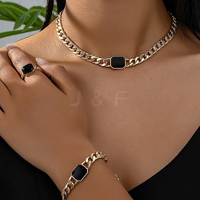 Alloy Enamel Rectangle Chain Necklaces & Link Bracelets & Rings Sets WGBB271-02-1