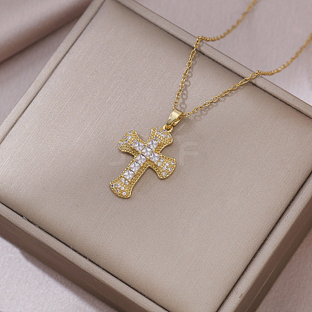 304 Stainless Steel Micro Pave Cubic Zirconia Religion Cross Pendant 304 Stainless Steel Cable Chain Necklaces WG8E2CC-03-1