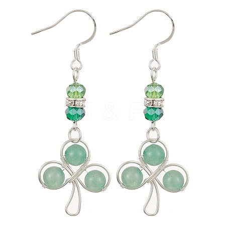 Natural Green Aventurine & Glass Beaded Clover Dangle Earrings EJEW-TA00250-1