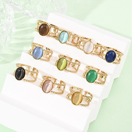 304 Stainless Steel with Glass Cat Eye Cuff Rings for Women RJEW-K309-40C-1