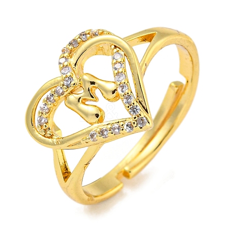 Heart with Letter Rack Plating Brass Micro Pave Clear Cubic Zirconia Adjustable Rings for Women RJEW-I105-01G-M-1